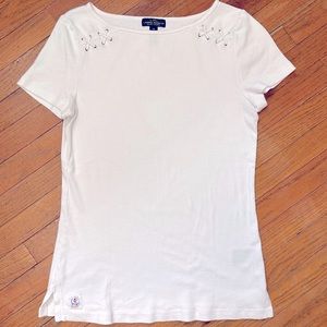 Lauren Ralph Lauren Size Med White Nautical S/S T-Shirt Top W/ Shoulder Lacing